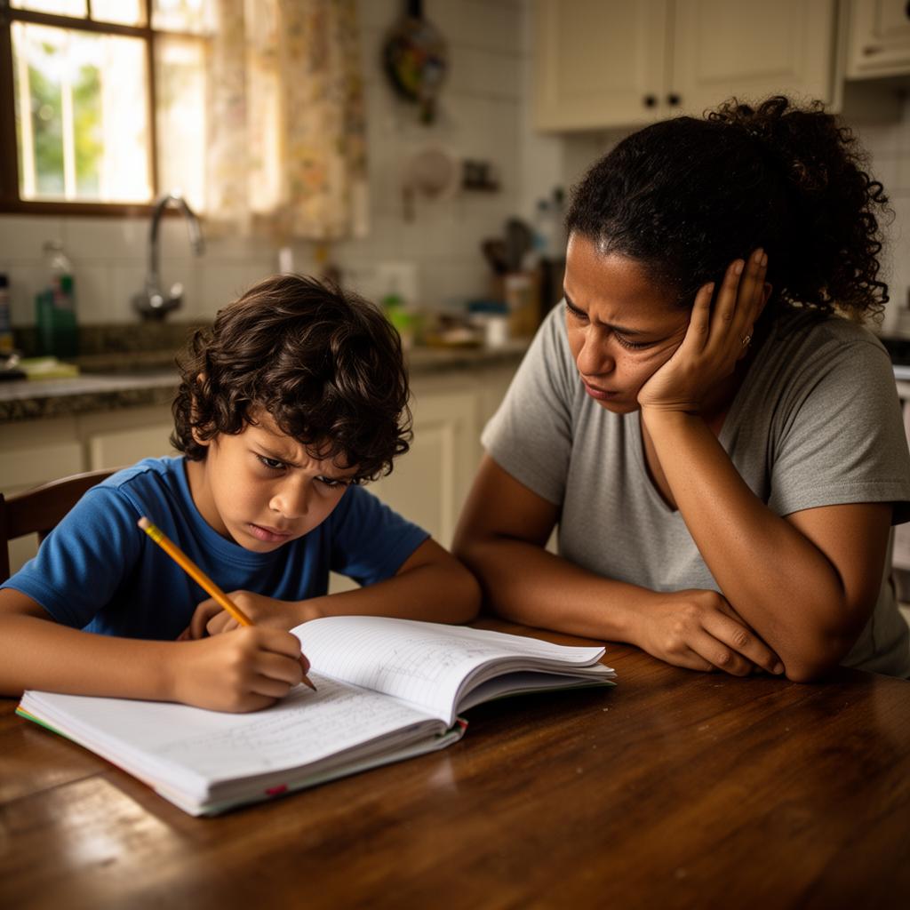 Mãe cansada ajudando filho na lição de casa
